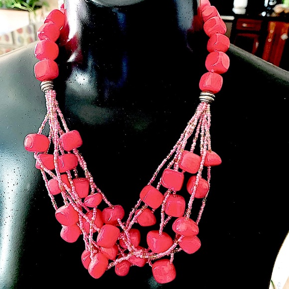 Chunky Stone Necklace & Earring Set -Hot Pink - Picture 1 of 4